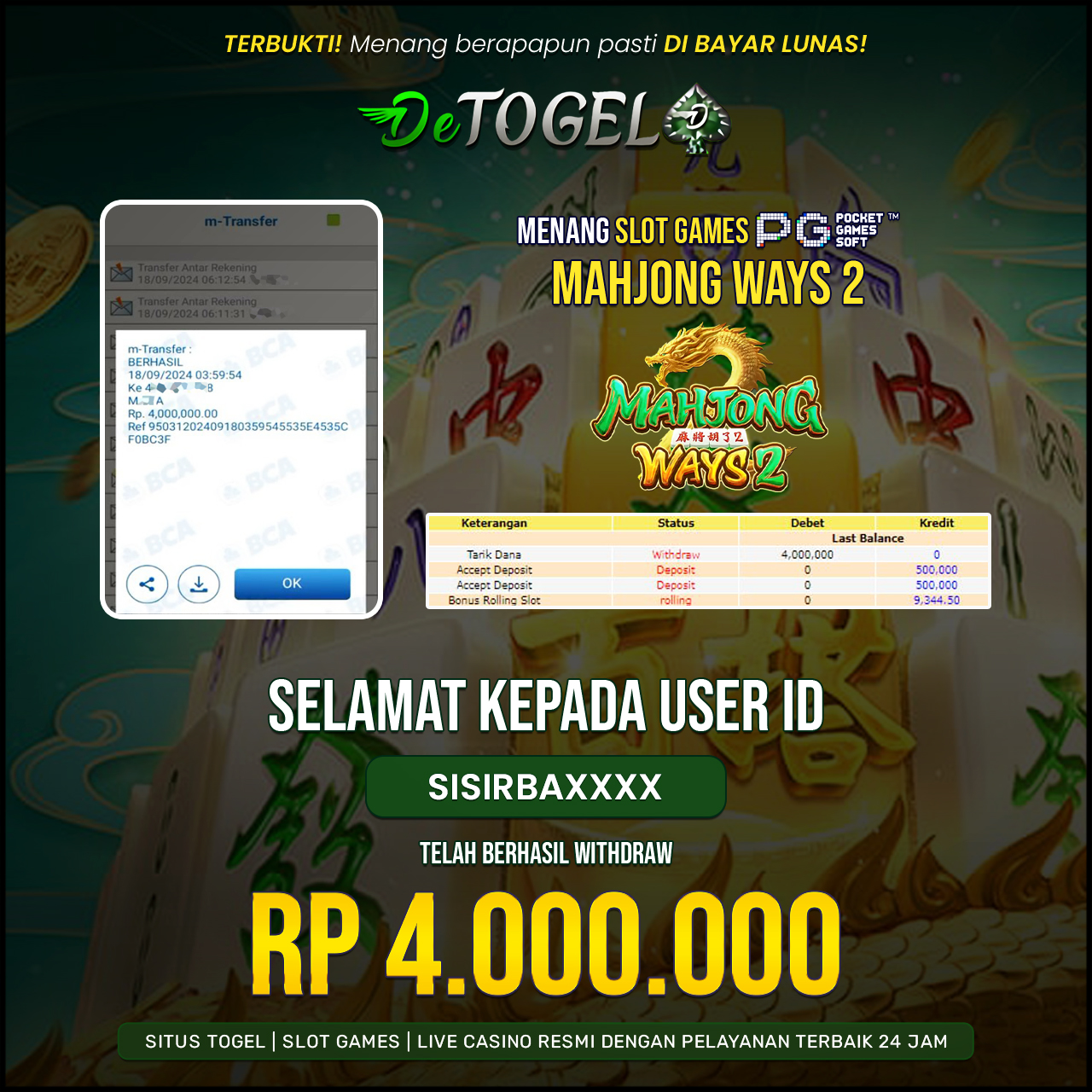 BUKTI JP DI SLOT GAME MAHJONG WAYS 2 ( PG SOFT )