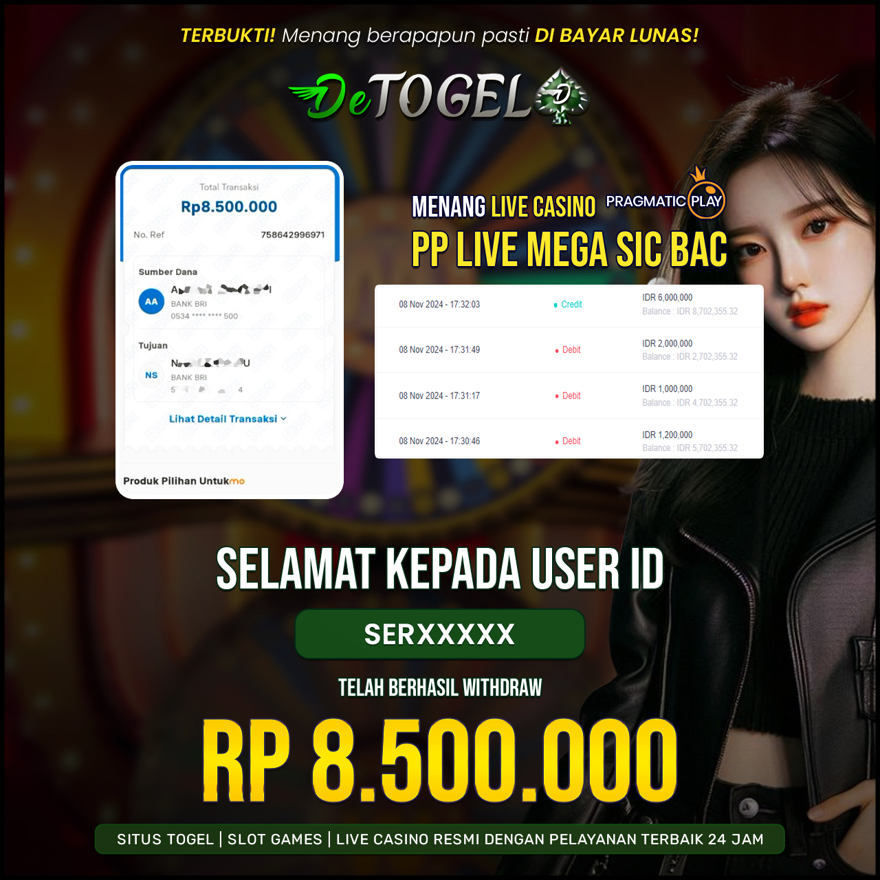 BUKTI JP DI  PP LIVE MEGA SIC BAC ( Pragmatic Play Live Casino )